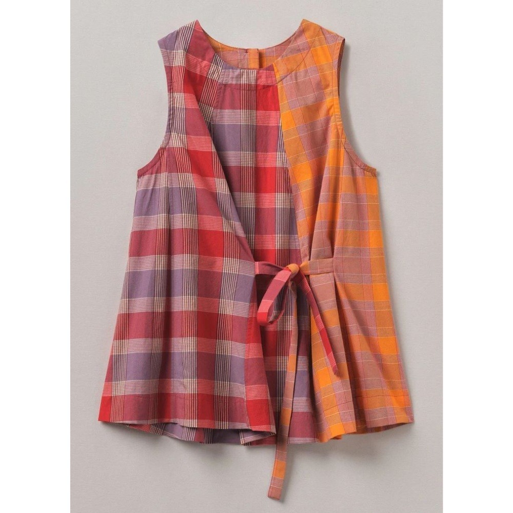 TOAST Tie Front Panelled Check Cotton Top 4 Bright Red Wisteria Plaid Orange
